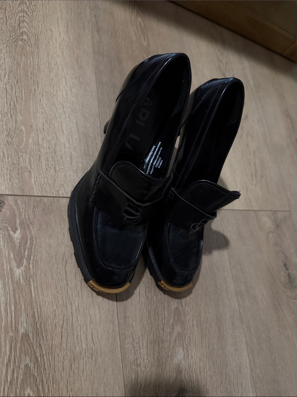 Karl Lagerfeld Black Patent Loafers with Gold Toe Detail